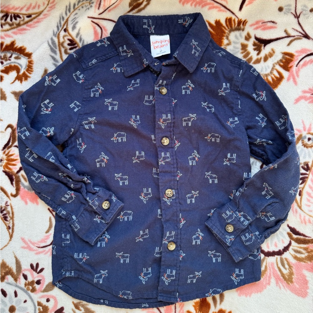 Jumping Beans Navy Blue Kids Button Down Shirt with moose detail